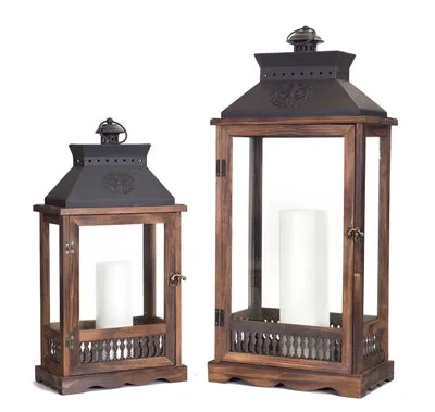 21-27.5"H Ornate Metal Top Wood Lantern