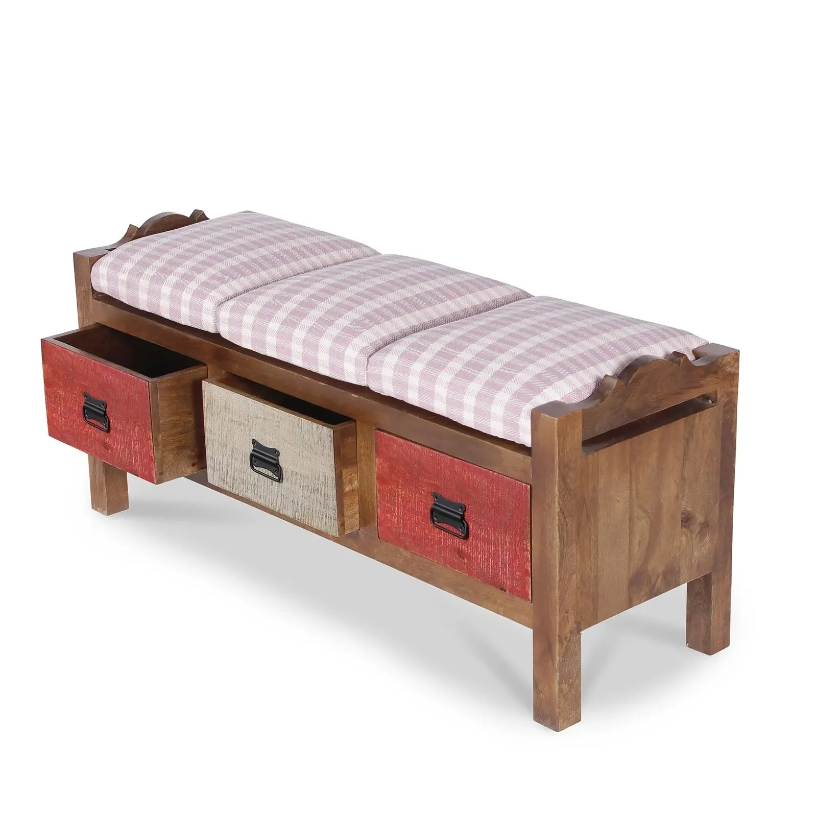 Agnes Solid Wood 3 Drawer Bench with hand woven upholstery