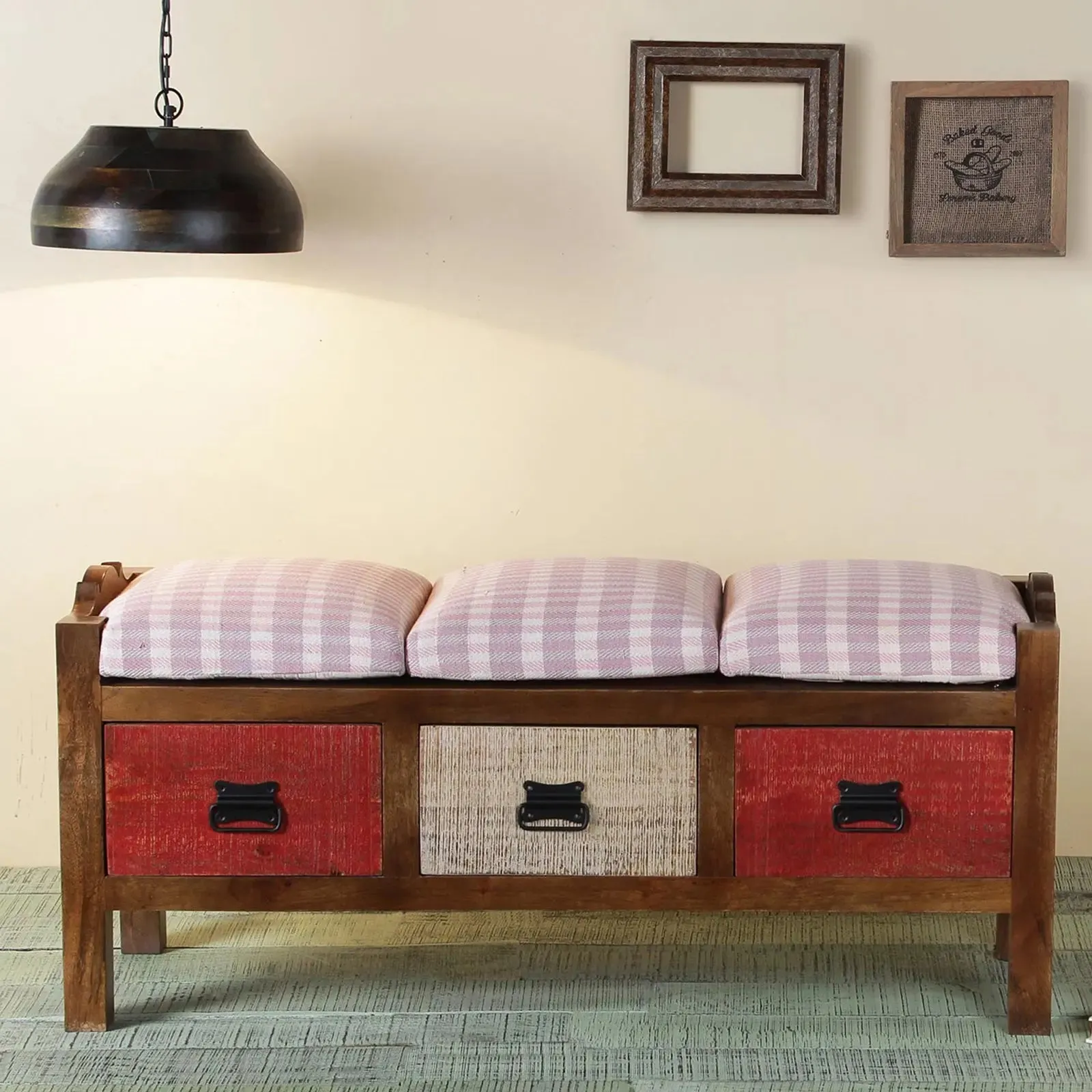 Agnes Solid Wood 3 Drawer Bench with hand woven upholstery