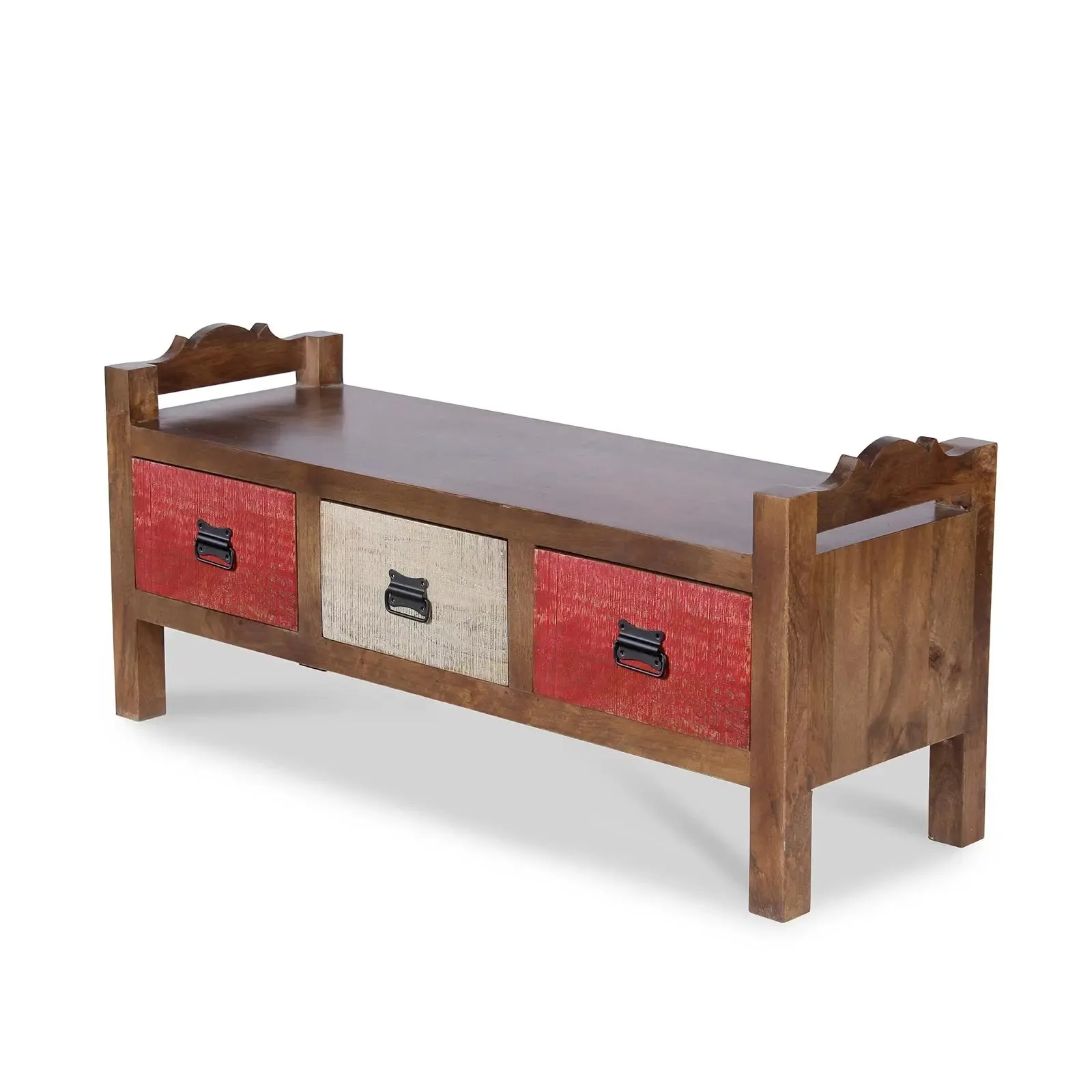 Agnes Solid Wood 3 Drawer Bench with hand woven upholstery