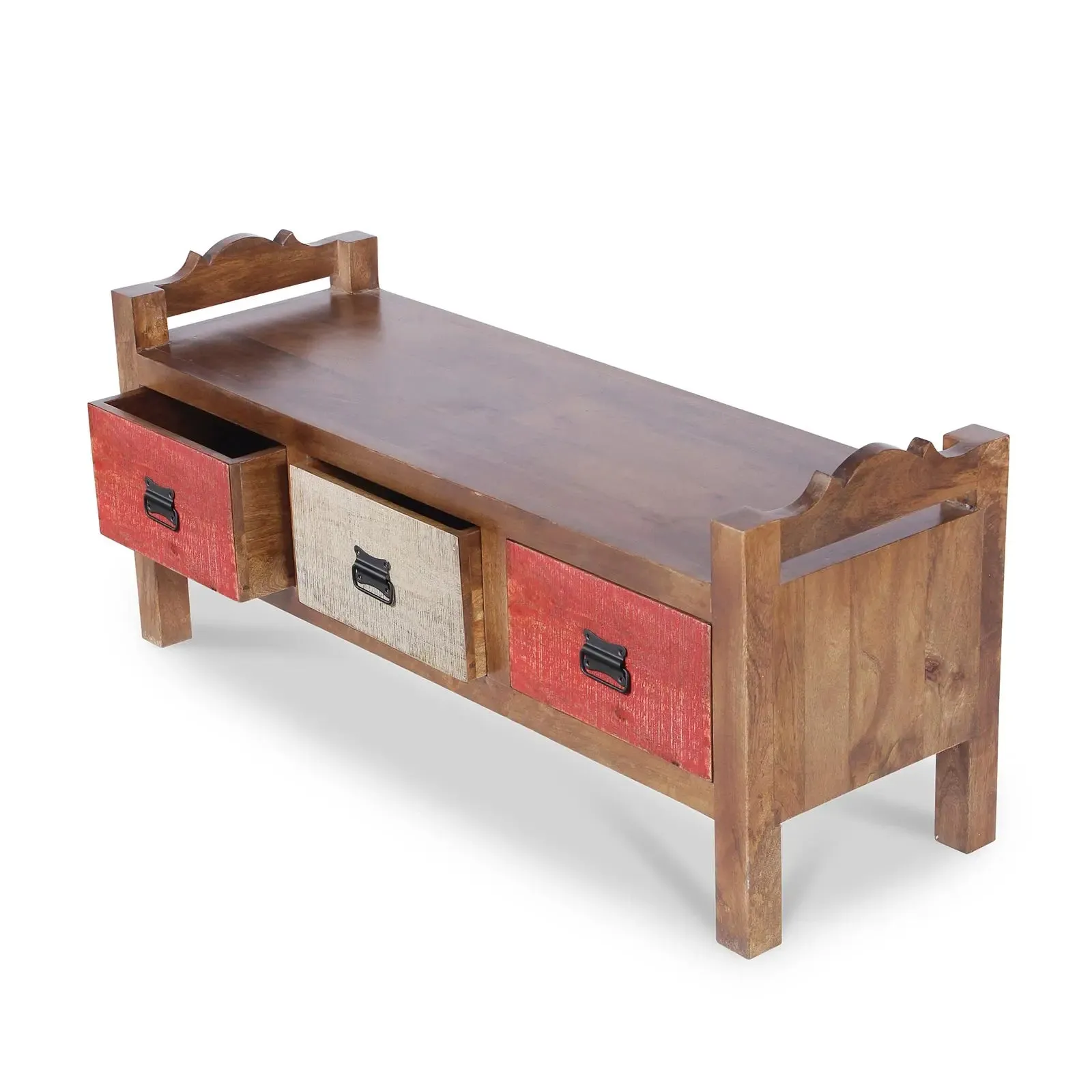 Agnes Solid Wood 3 Drawer Bench with hand woven upholstery