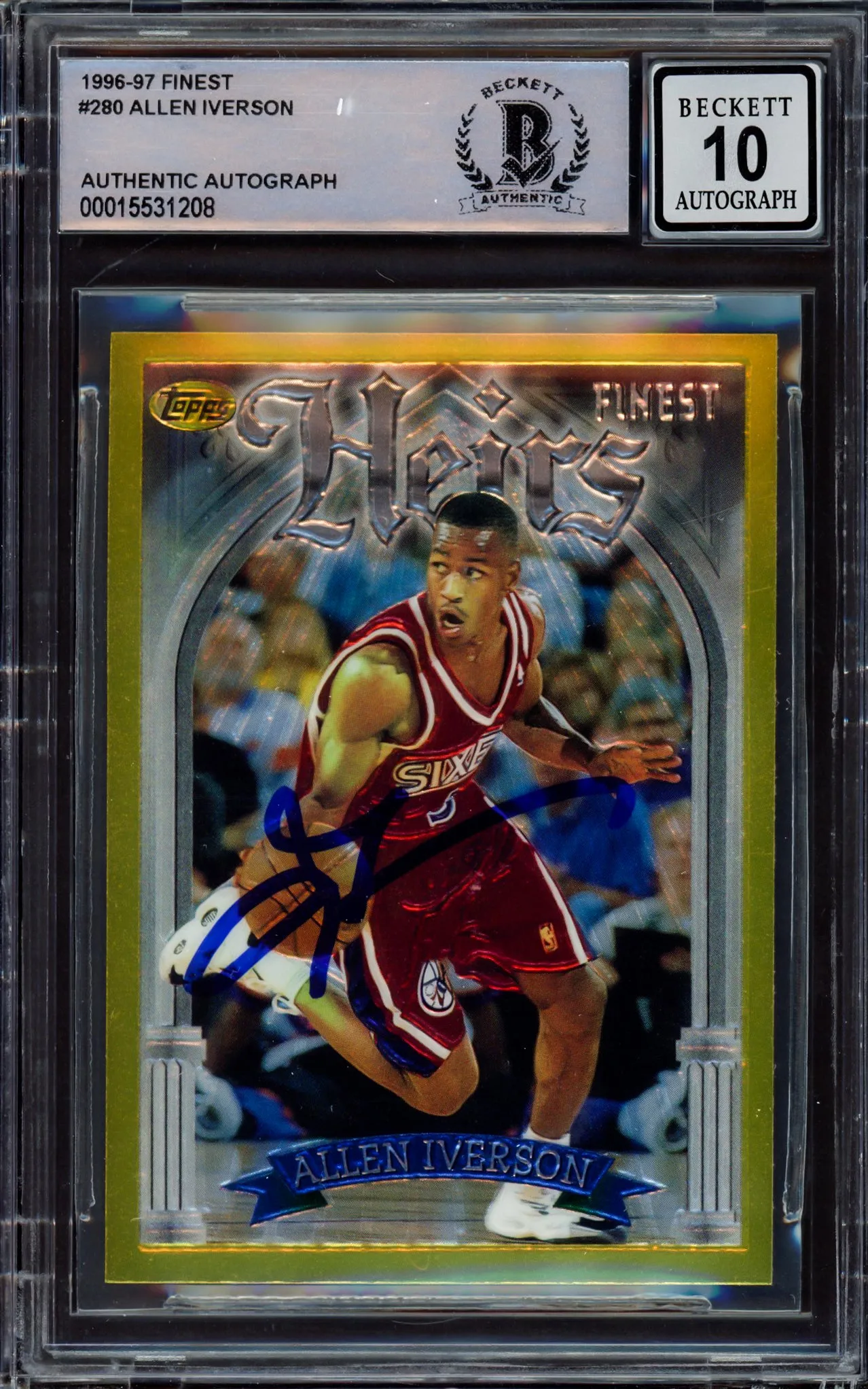 Allen Iverson Autographed 1996-97 Finest Gold Rookie Card #280 Philadelphia 76ers Auto Grade Gem Mint 10 Beckett BAS #15531208