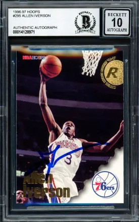 Allen Iverson Autographed 1996-97 Hoops Rookie Card #295 Philadelphia 76ers Auto Grade Gem Mint 10 Beckett BAS Stock #205798