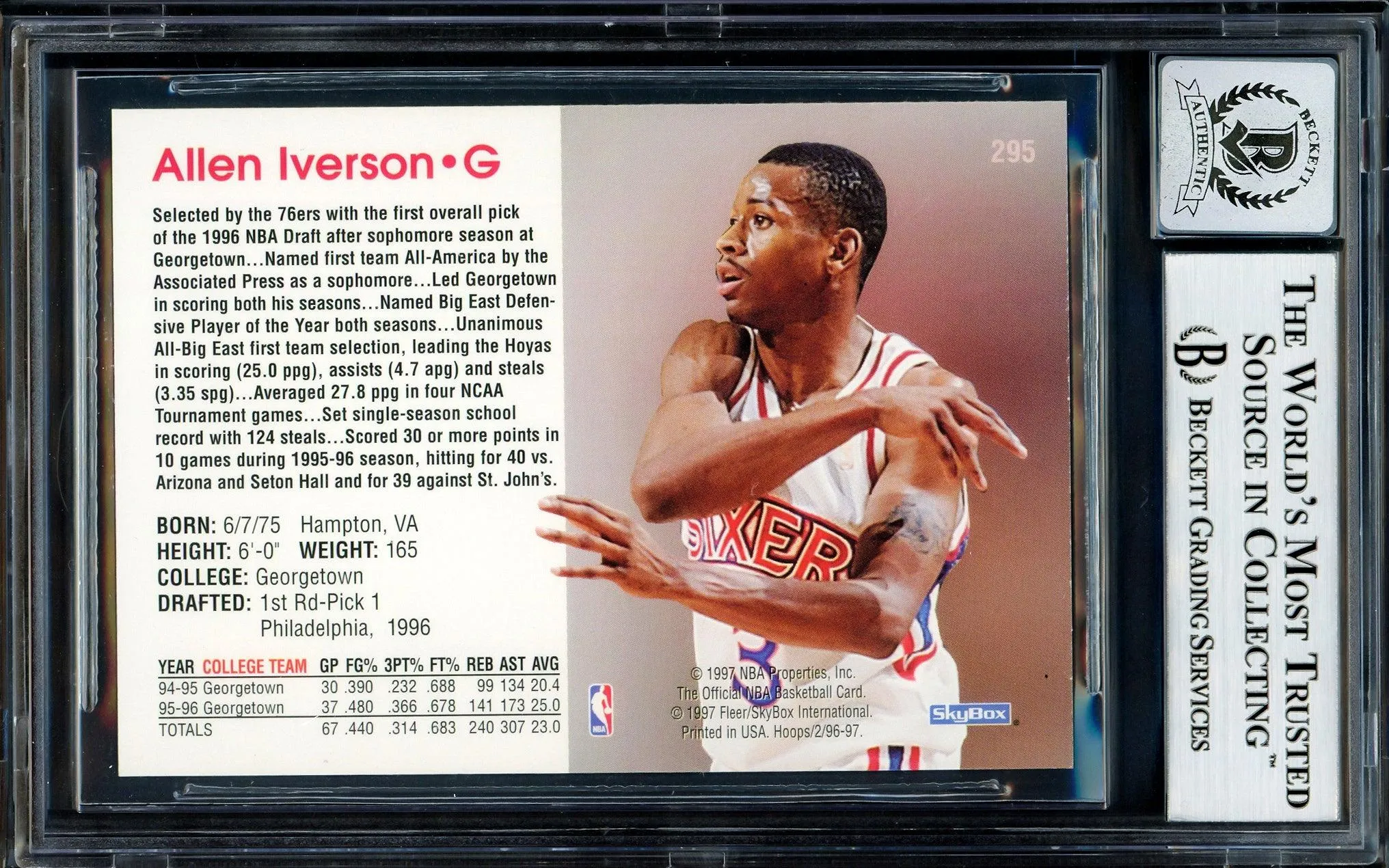 Allen Iverson Autographed 1996-97 Hoops Rookie Card #295 Philadelphia 76ers Auto Grade Gem Mint 10 Beckett BAS Stock #205798