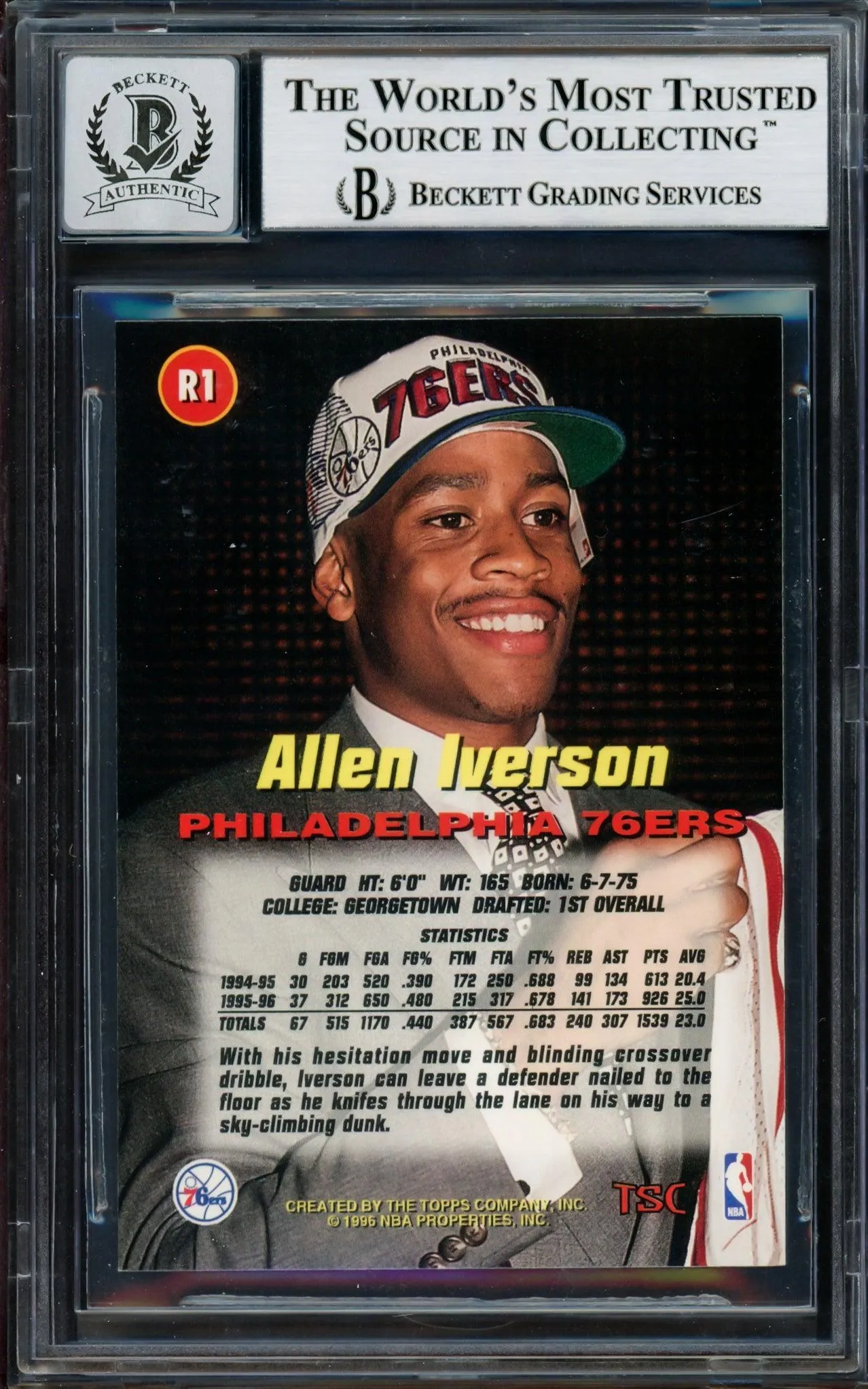 Allen Iverson Autographed 1996-97 Stadium Club Rookie Card #R1 Philadelphia 76ers Auto Grade Gem Mint 10 Beckett BAS #14128555