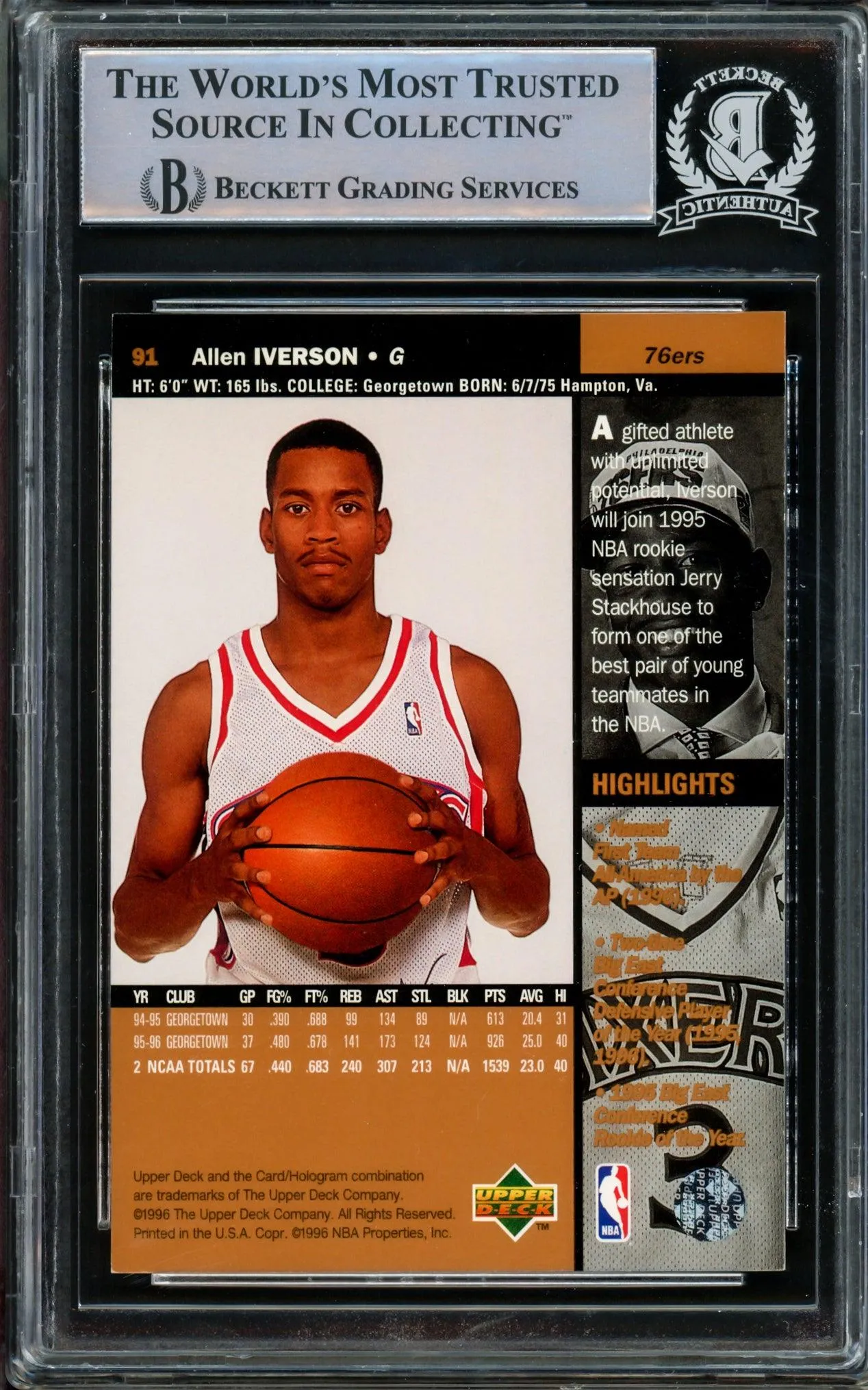 Allen Iverson Autographed 1996-97 Upper Deck Rookie Card #91 Philadelphia 76ers Beckett BAS Stock #209783