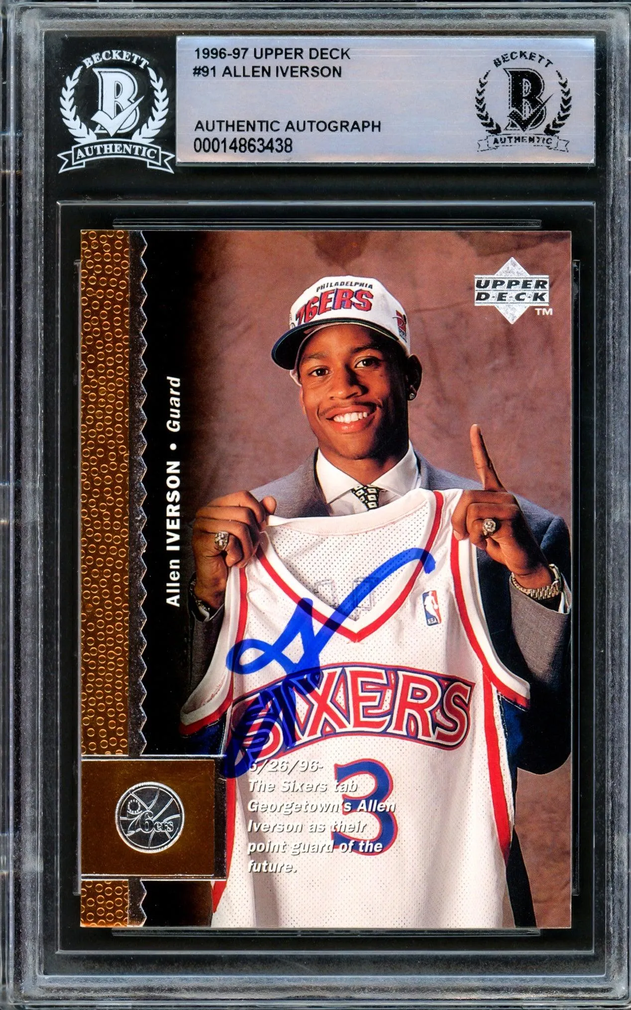 Allen Iverson Autographed 1996-97 Upper Deck Rookie Card #91 Philadelphia 76ers Beckett BAS Stock #209783