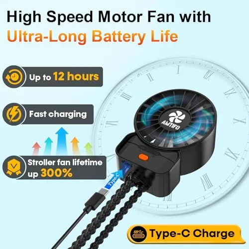 AMTIFO Baby Stroller Fan Portable: High Power Mini Baby Fans Rechargeable 4 Speeds - Flexible Small Tripod Clip On Fan Strong Legs for Car Seat Bed Golf Cart Beach Tent Bike Treadmill