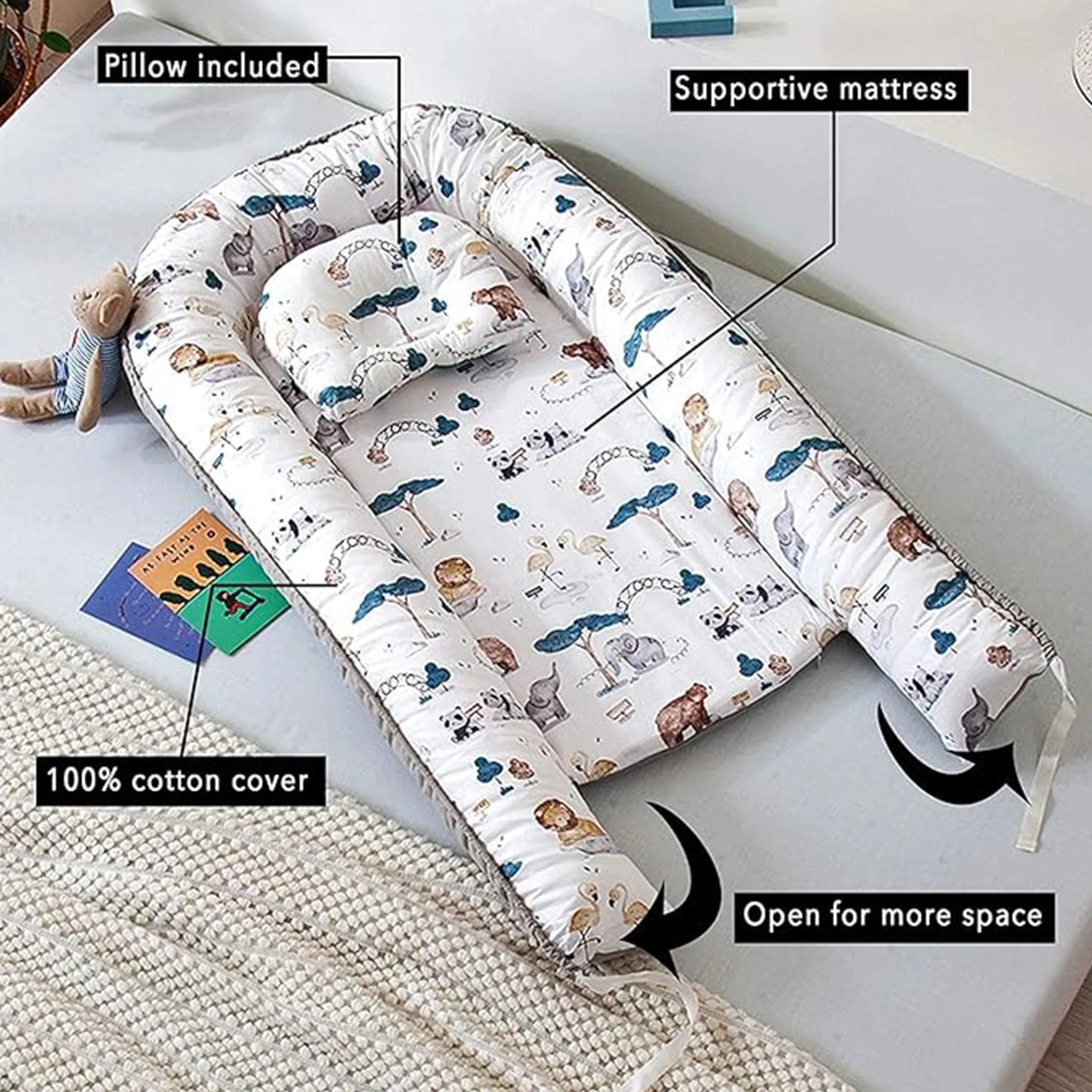 Babymoon Baby Nest Bed with Pillow | Adjustable, Portable, Reversible, Foldable | Cotton Baby Mattress Sleeping Bed | Grey Animal