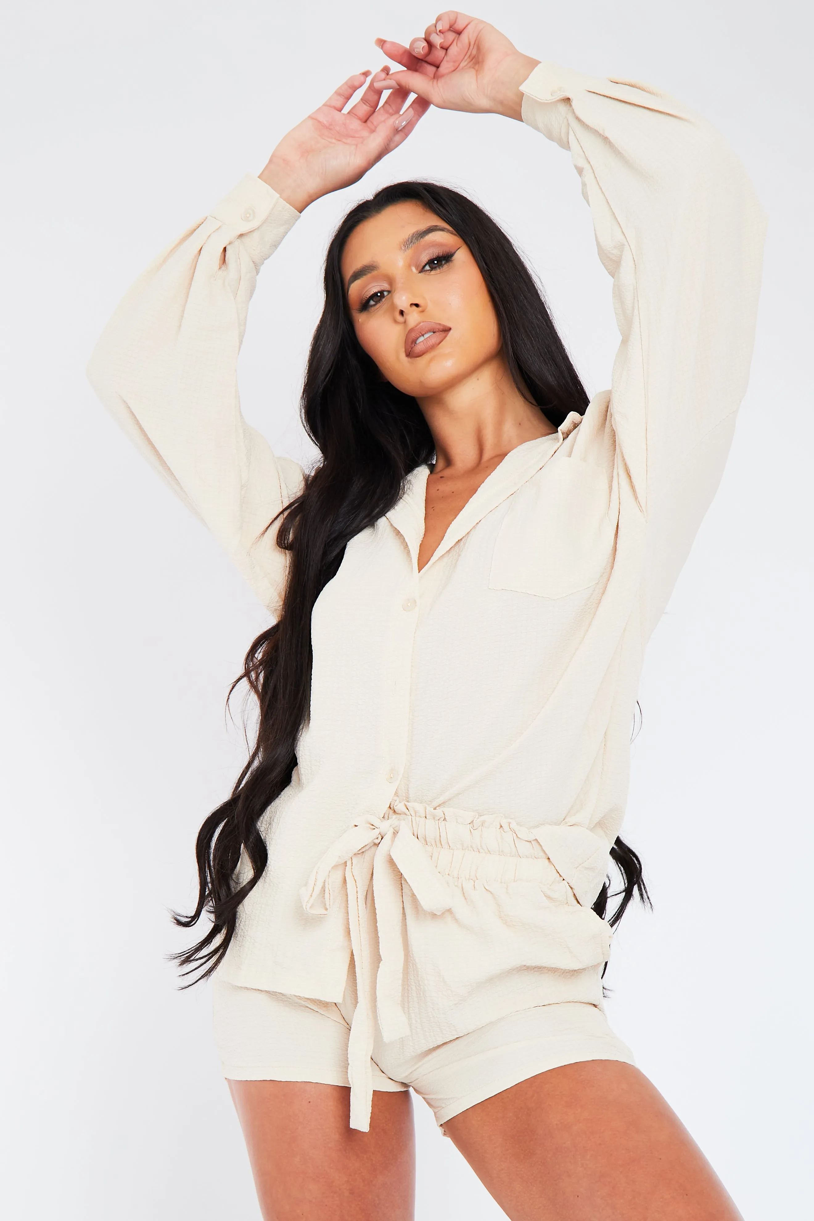 Beige Linen Look Shirt & Shorts Set - Aurelia