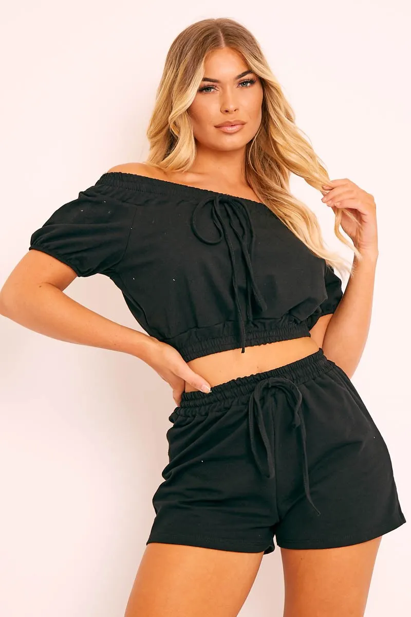 Black Bardot Crop and Shorts Loungewear Co-ord - Jahari