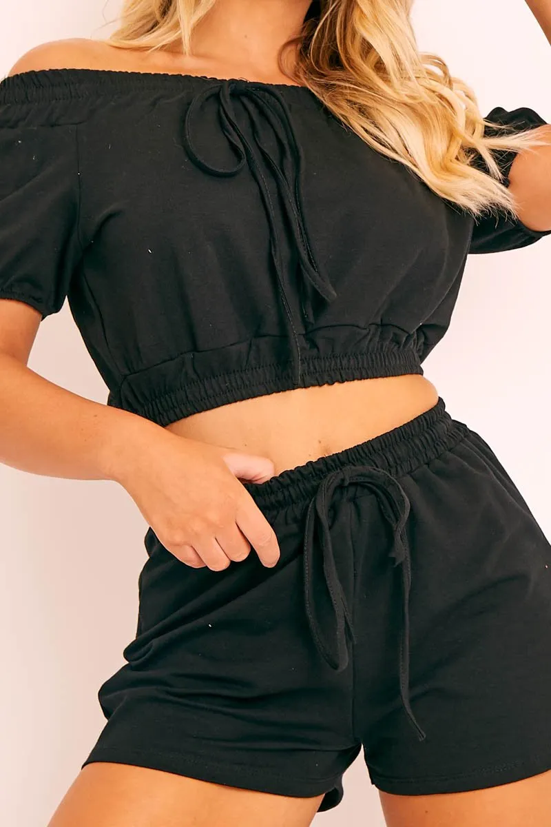 Black Bardot Crop and Shorts Loungewear Co-ord - Jahari