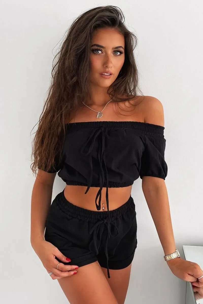 Black Bardot Crop and Shorts Loungewear Co-ord - Jahari