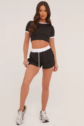 Black Rib Knit Contrast Binding Top & Shorts Co-ord Set - Felipa