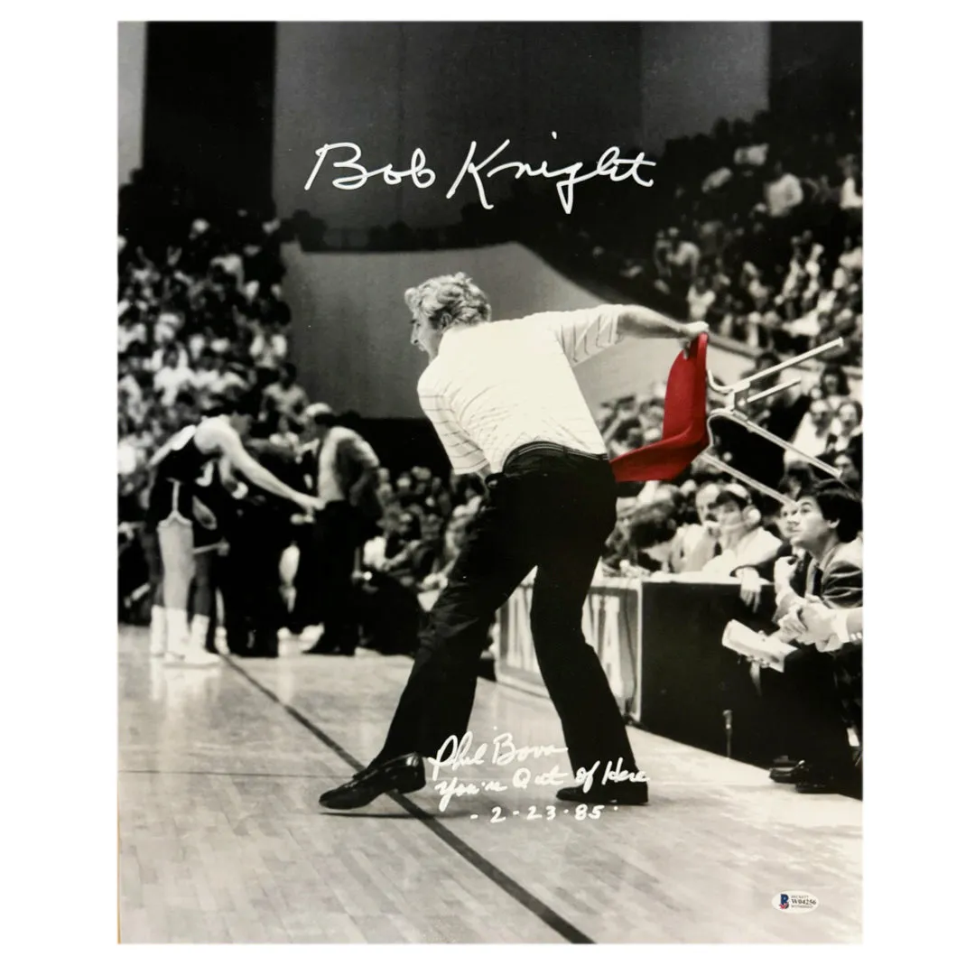 Bobby Knight and Phil Bova Signed You're Out of Here 2-23-85 Inscribed Indiana College Chair Throw Basketball 16x20 Photo (Beckett)