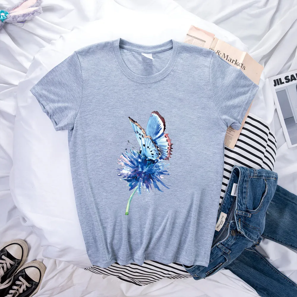 Butterfly Pattern Print Loose Short Sleeve T-Shirt