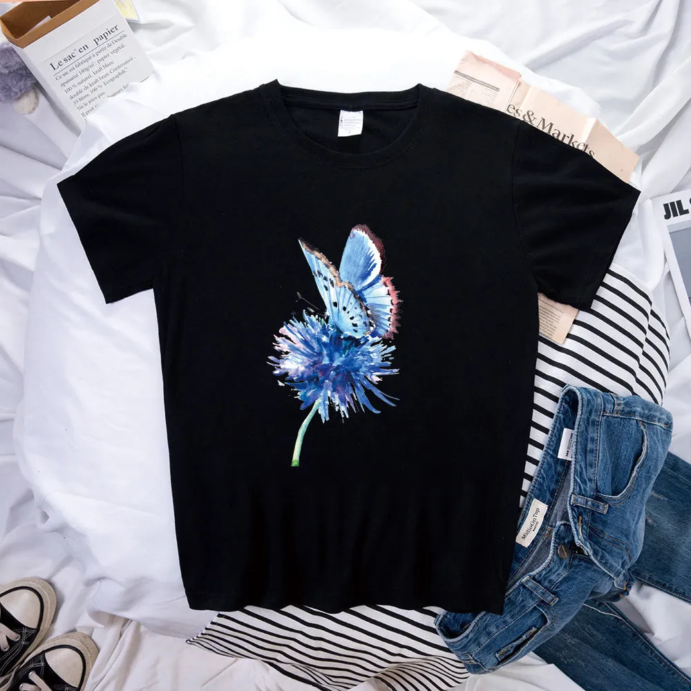 Butterfly Pattern Print Loose Short Sleeve T-Shirt