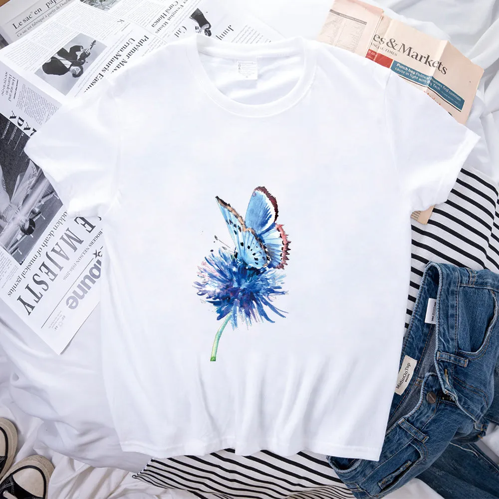 Butterfly Pattern Print Loose Short Sleeve T-Shirt