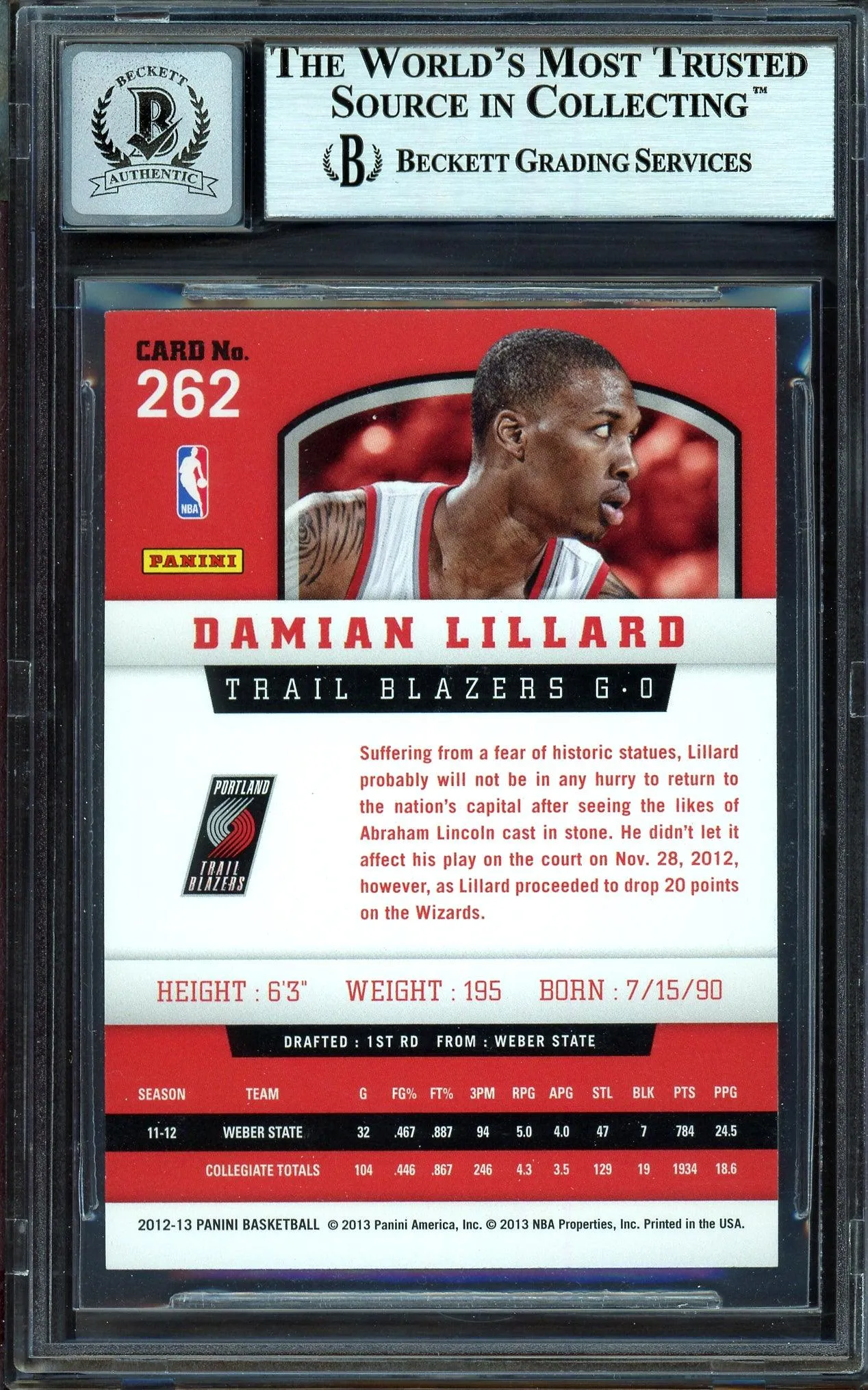 Damian Lillard Autographed 2012-13 Panini Rookie Card #262 Portland Trail Blazers Auto Grade Gem Mint 10 Beckett BAS #13605366