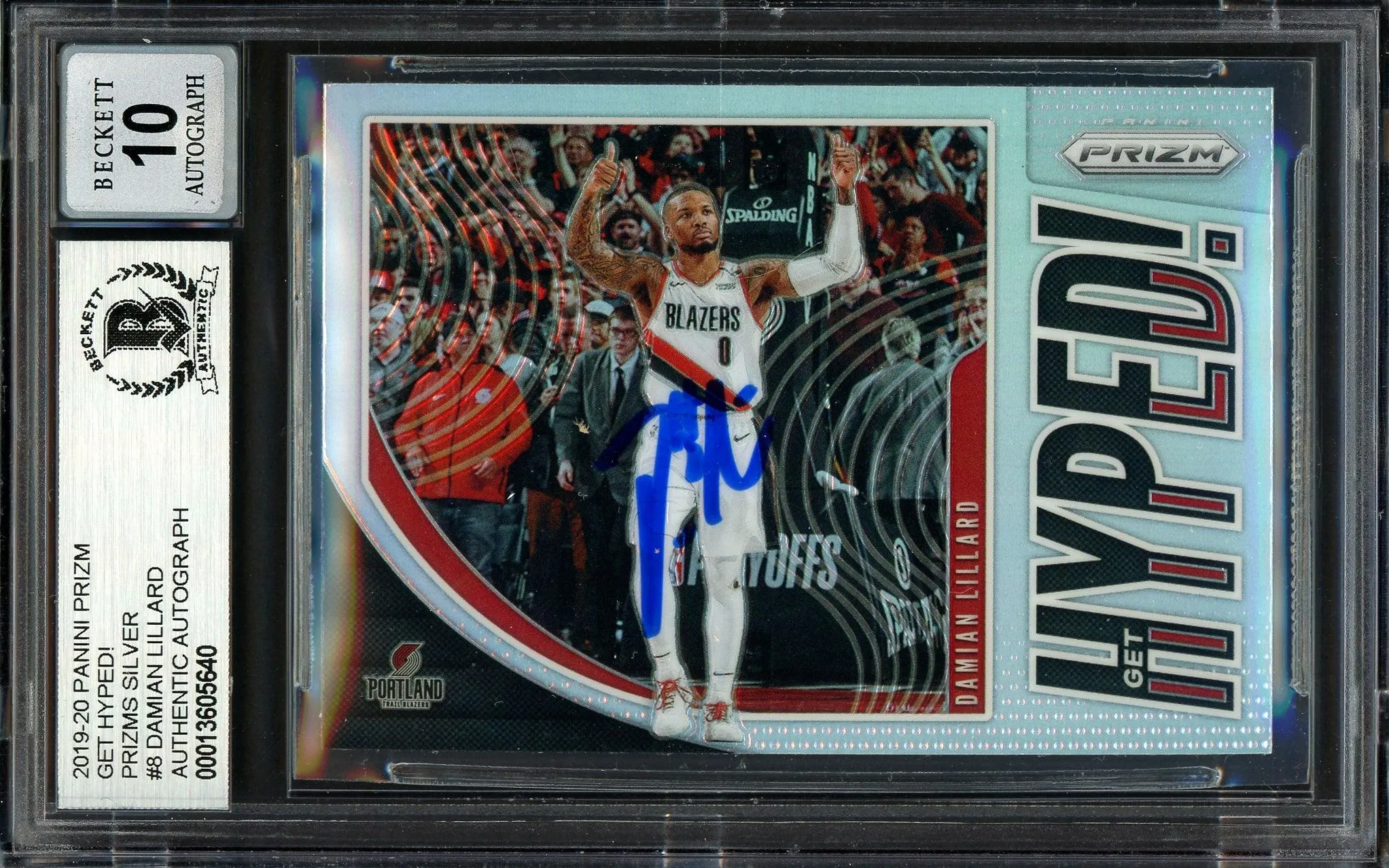 Damian Lillard Autographed 2019-20 Panini Prizm Get Hyped Card #8 Portland Trail Blazers Auto Grade Gem Mint 10 Beckett BAS #13605640