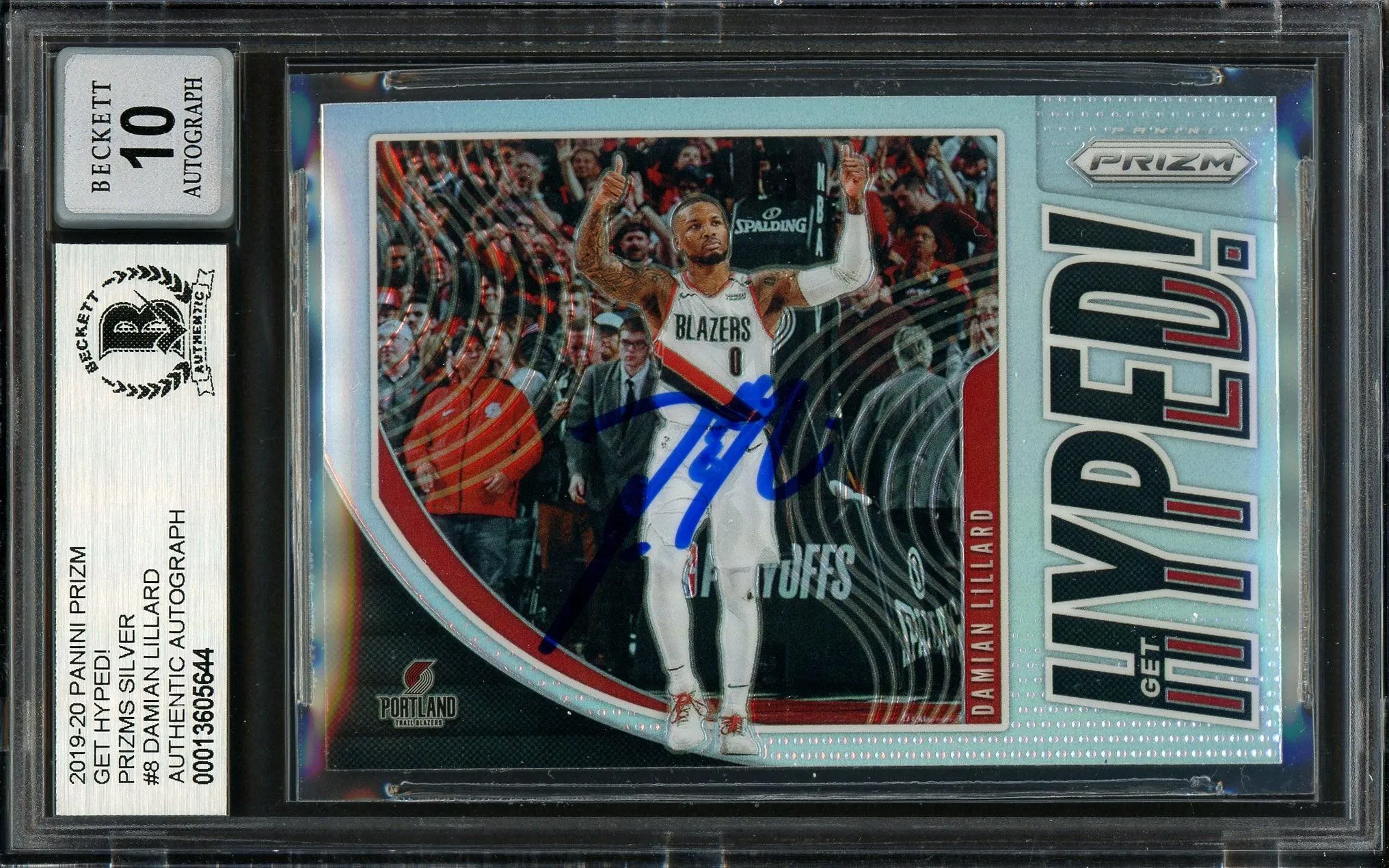 Damian Lillard Autographed 2019-20 Panini Prizm Get Hyped Card #8 Portland Trail Blazers Auto Grade Gem Mint 10 Beckett BAS #13605644