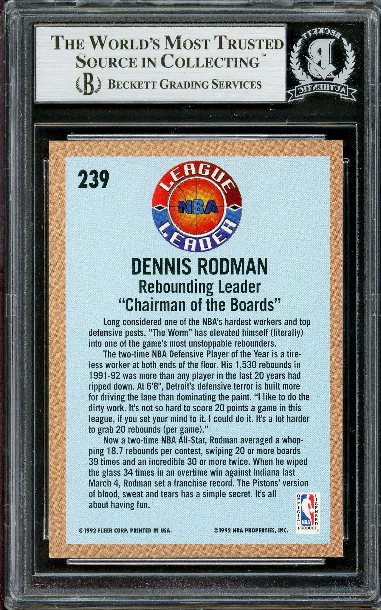 Dennis Rodman Autographed 1992-93 Fleer Card #239 Detroit Pistons Beckett BAS Stock #195047