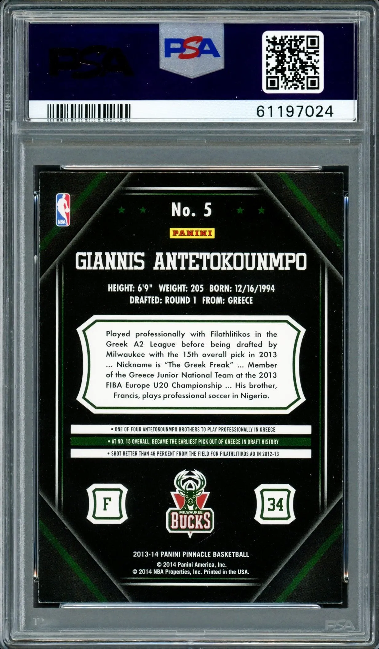 Giannis Antetokounmpo Autographed 2013 Panini Pinnacle Rookie Card #5 Milwaukee Bucks PSA 8 Auto Grade Gem Mint 10 PSA/DNA #61197024