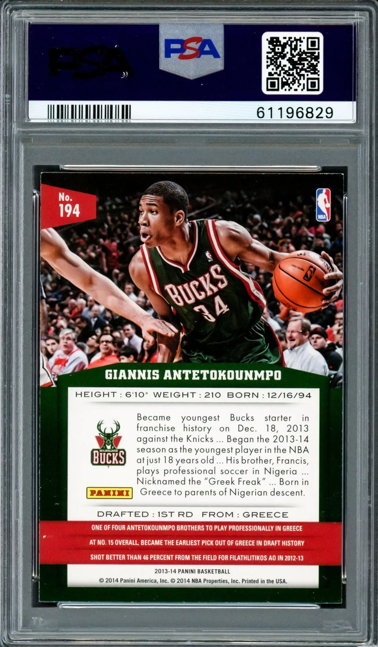 Giannis Antetokounmpo Autographed 2013 Panini Rookie Card #194 Milwaukee Bucks PSA 8 Auto Grade Mint 9 PSA/DNA #61196829