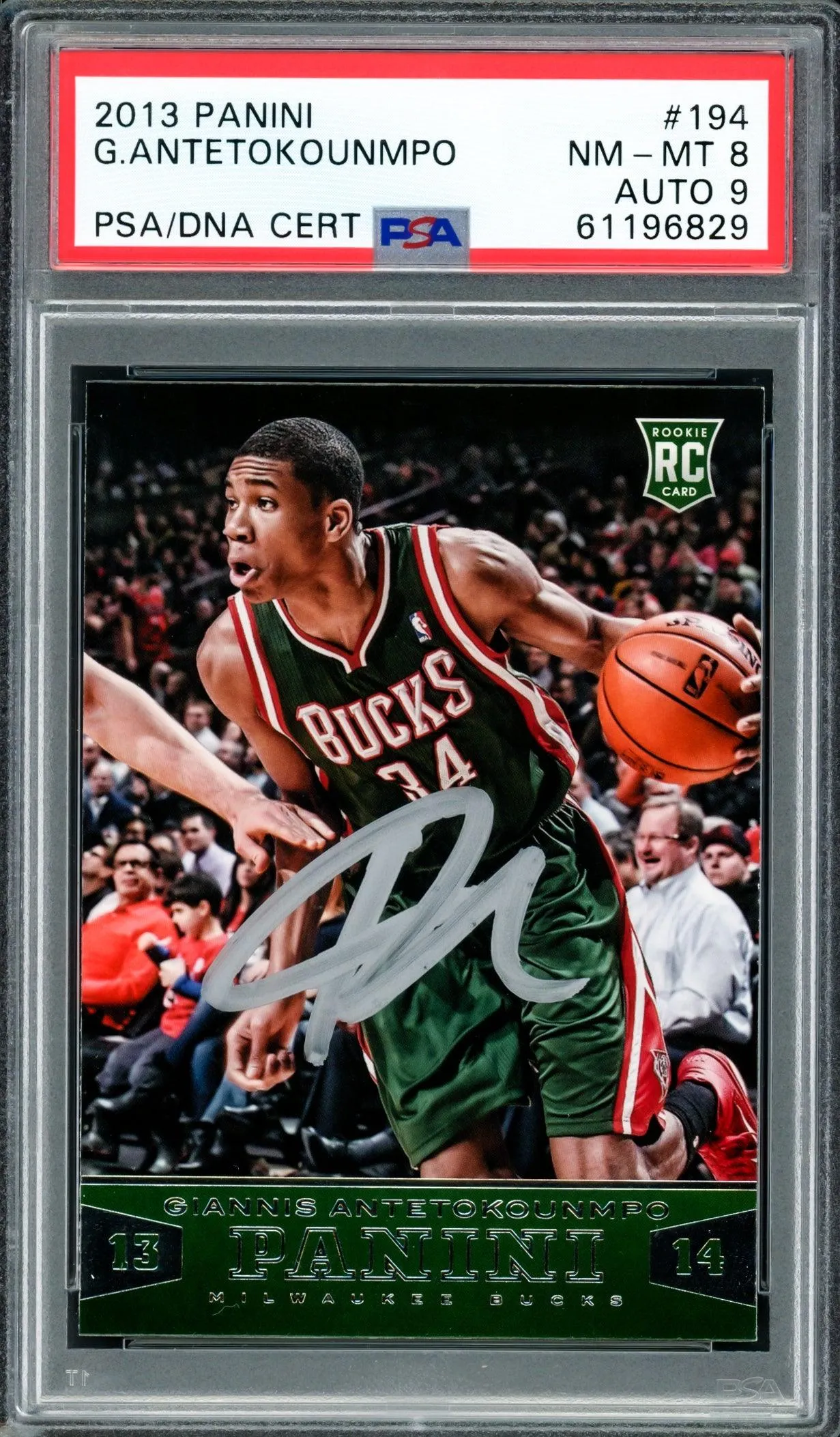 Giannis Antetokounmpo Autographed 2013 Panini Rookie Card #194 Milwaukee Bucks PSA 8 Auto Grade Mint 9 PSA/DNA #61196829