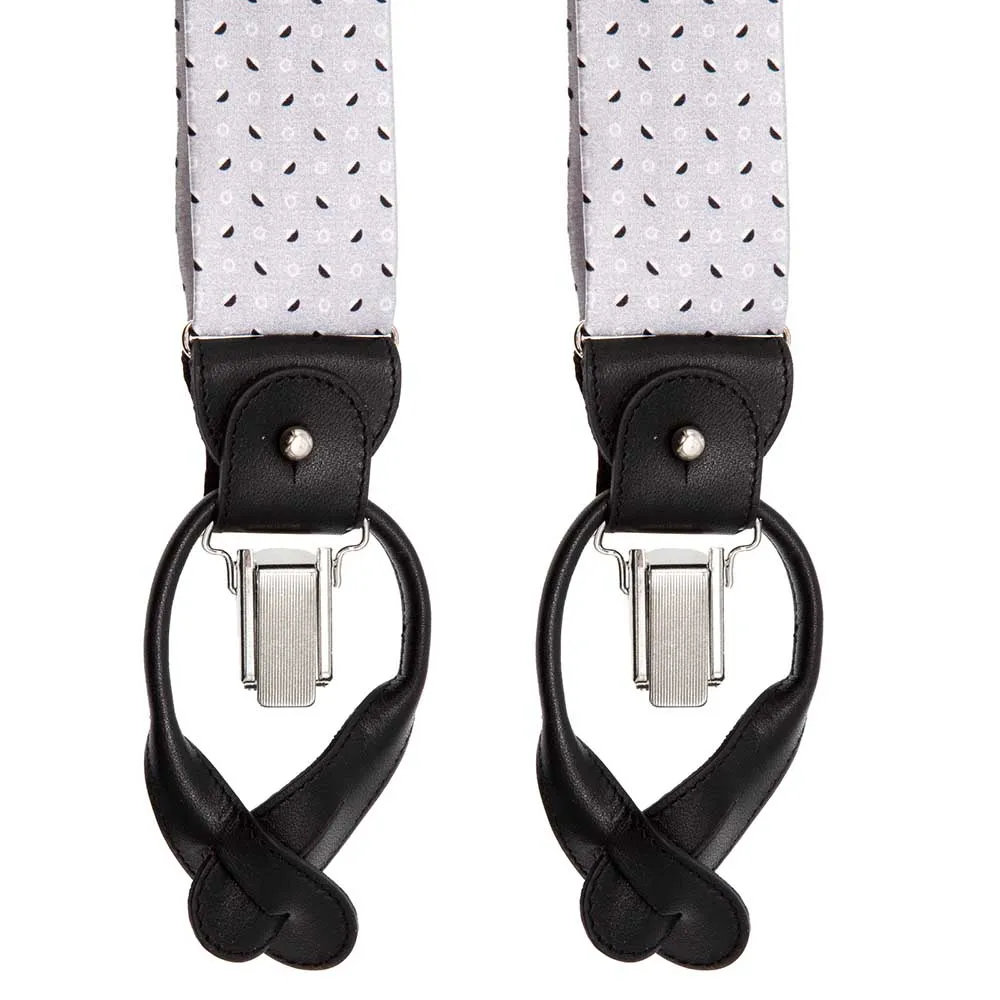 Grey Micro Motif Silk and Leather Braces