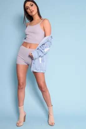 Grey Ribbed Crop Top and Shorts Co-ord Set - Jenara