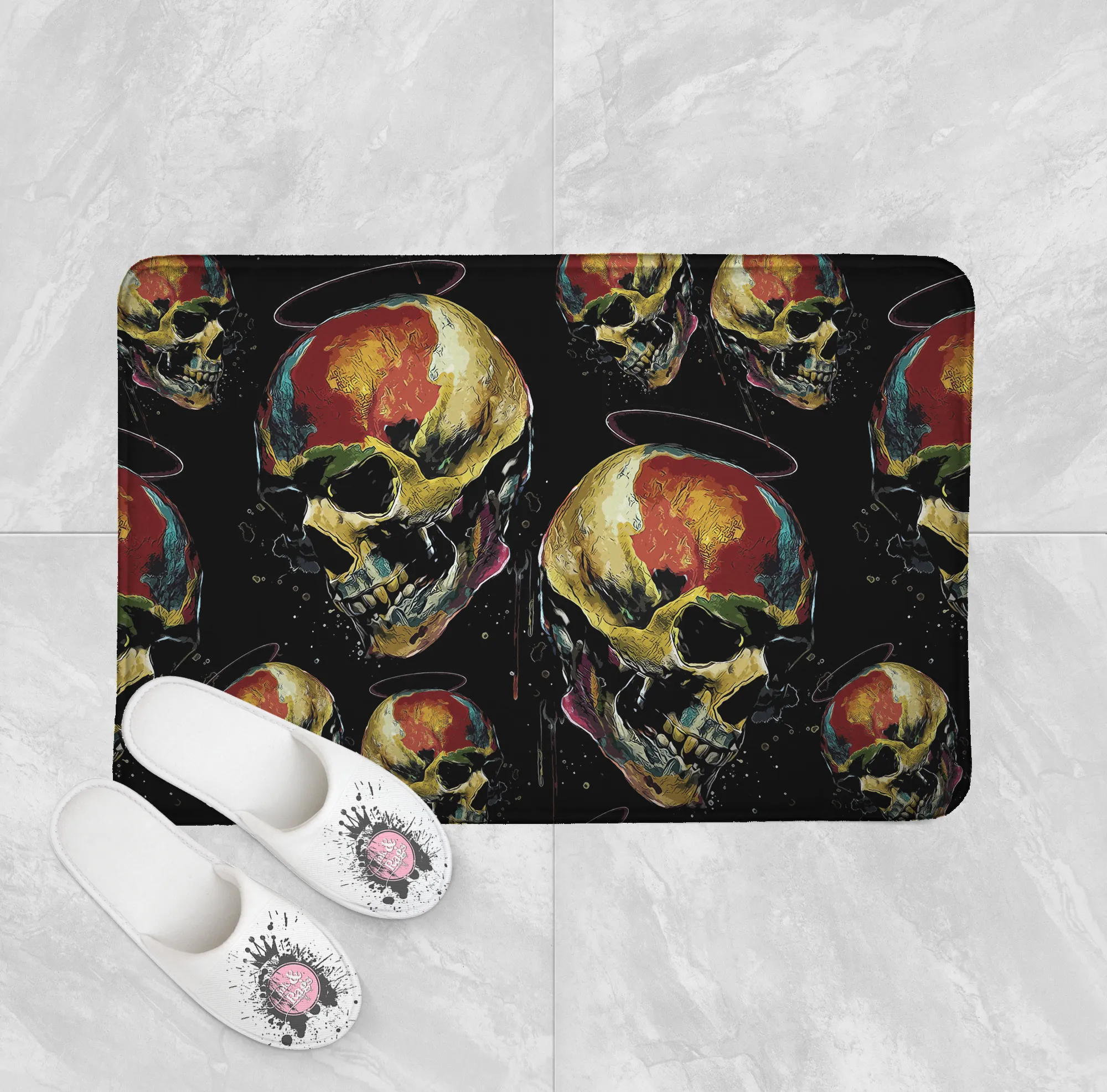 Grunge Halo Skull Shower Curtains and Optional Bath Mats