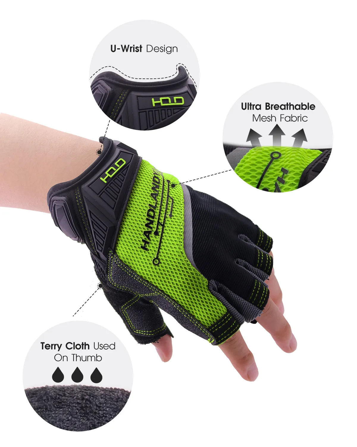 Handlandy Mens Women Work Gloves Fingerless Half Finger Driving 6086GN