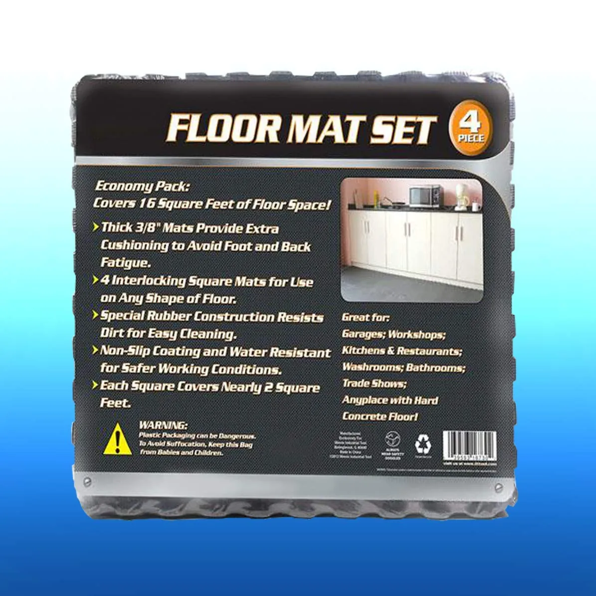 Katzco Shop Floor Mat - 16 Square Feet - 3/8 Inch Thick, 4 Pack - for Garages, Workshops