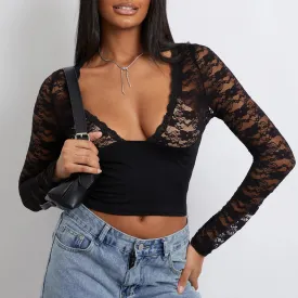 Lace Patchwork Crop V-Neck Long Sleeve Spring Fall Fashion Slim Party Clubwear Sexy T-shirt