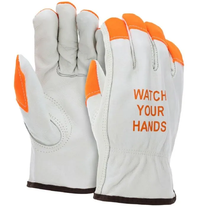 MCR Safety 3215HVI Leather Drivers Work Gloves with Orange Fingertips, Beige, Box of 12 Pairs