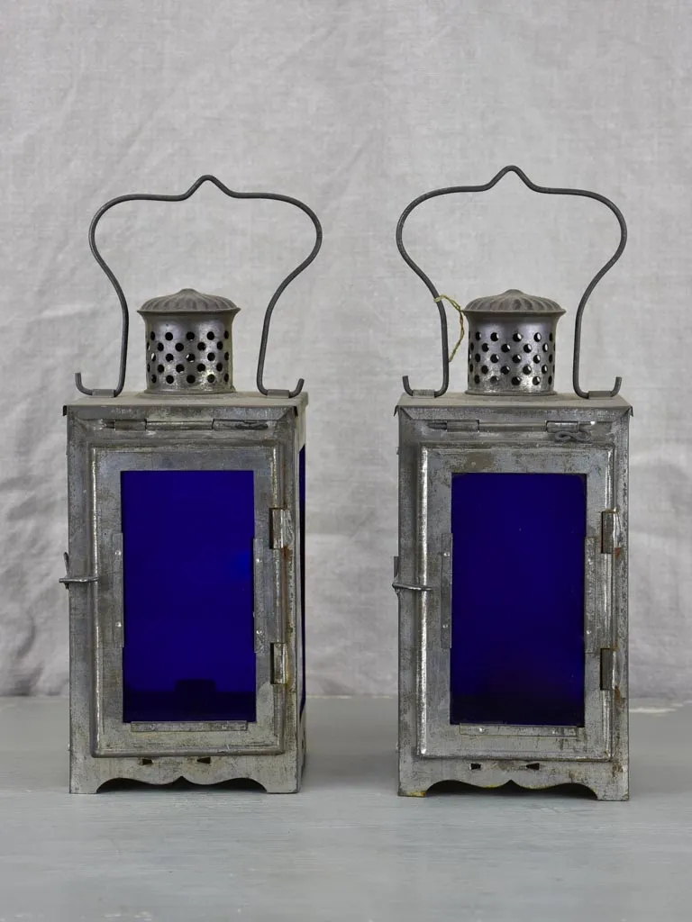 Pair of cobalt blue candle lanters