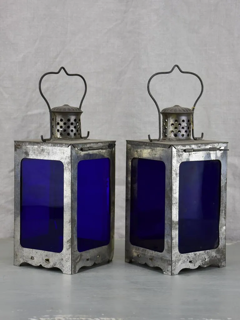 Pair of cobalt blue candle lanters