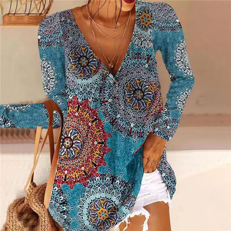 Printed V-neck button long-sleeved blouse T-shirt