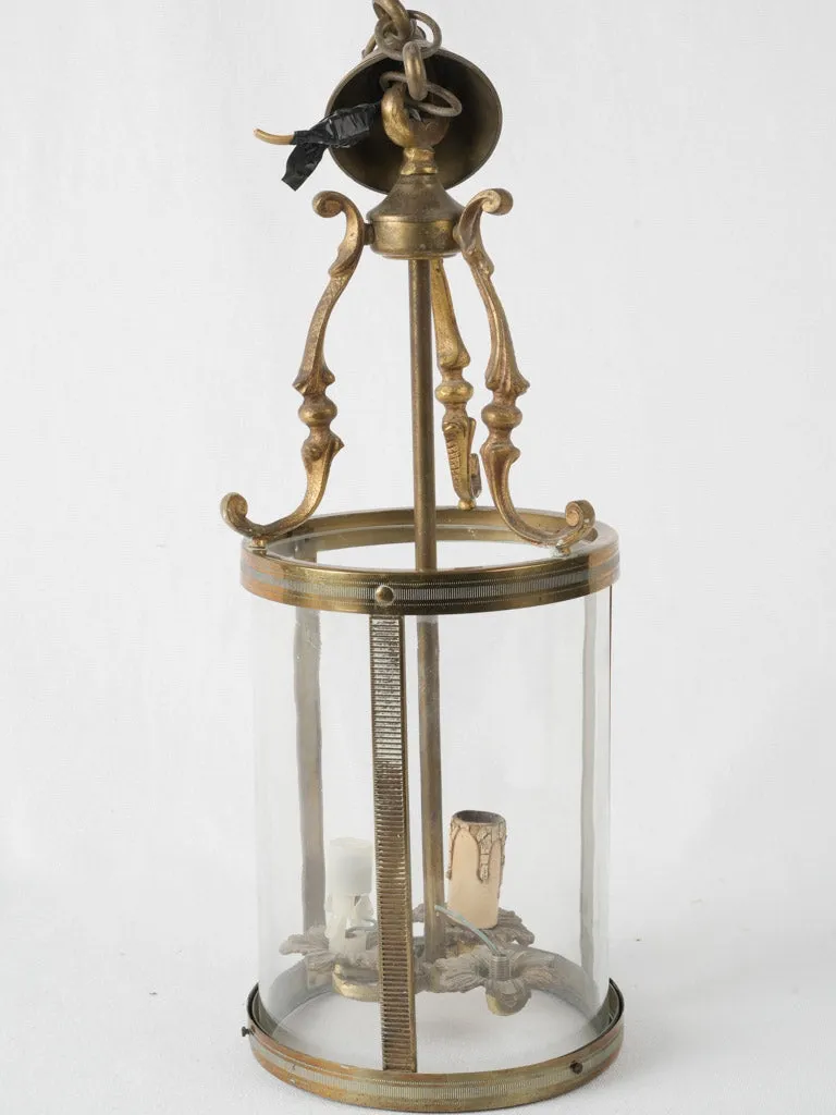 Round antique French brass lantern w/ curved glass & 3-lights