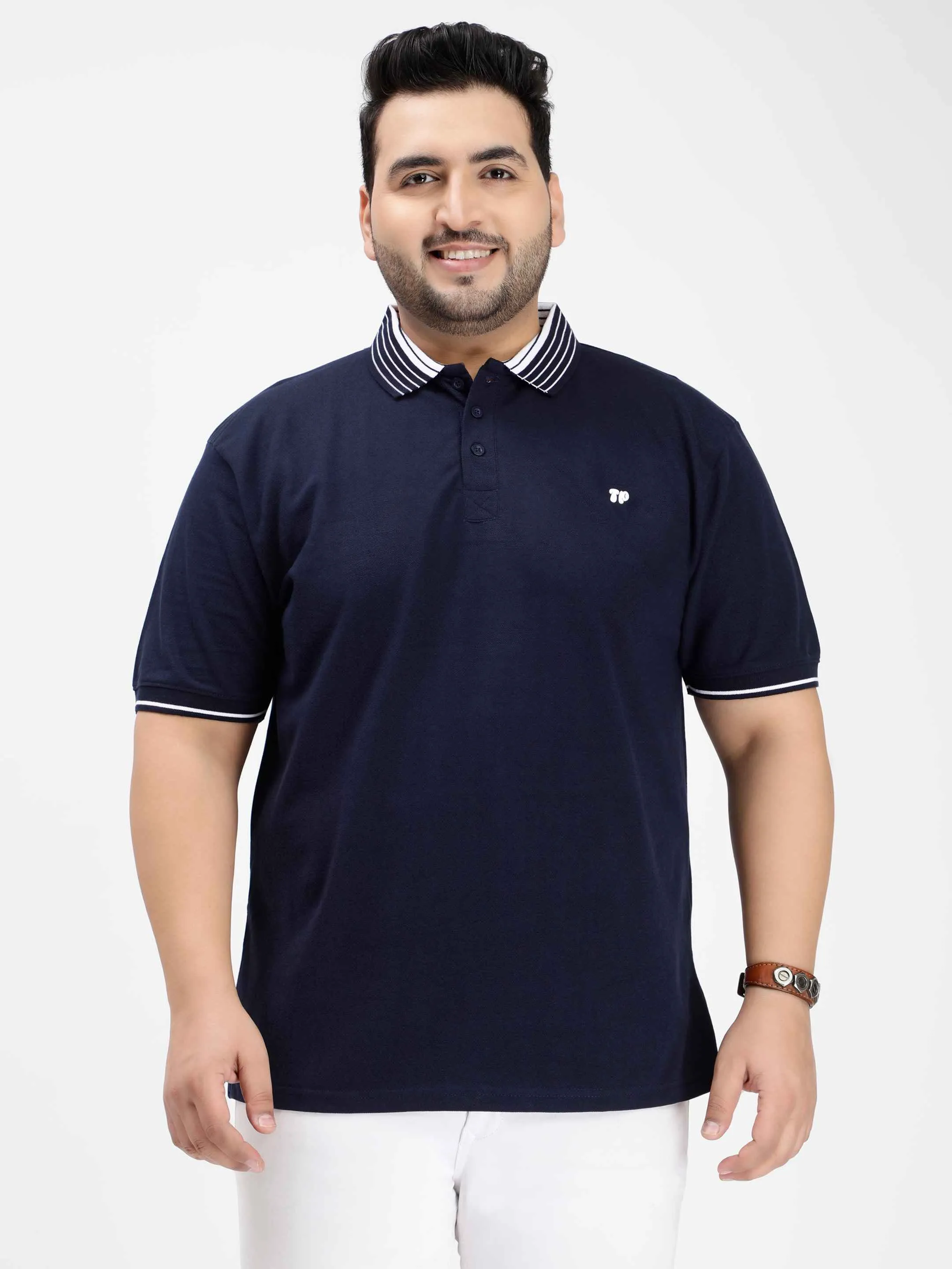 Seamless Stitch Navy Blue Plus Size Polo T-shirt