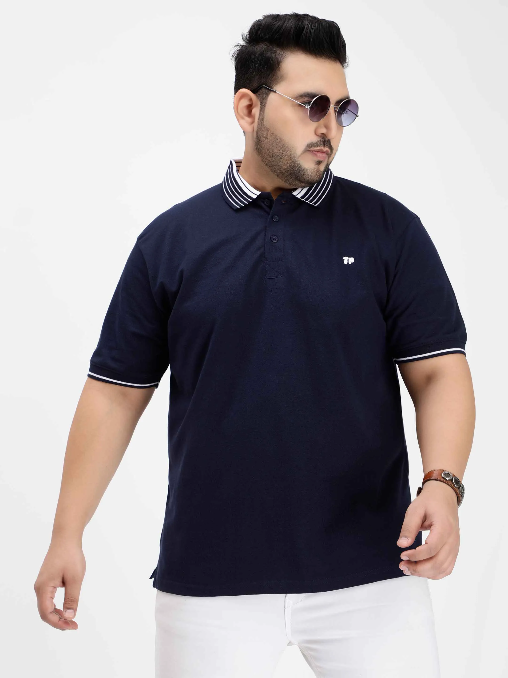 Seamless Stitch Navy Blue Plus Size Polo T-shirt