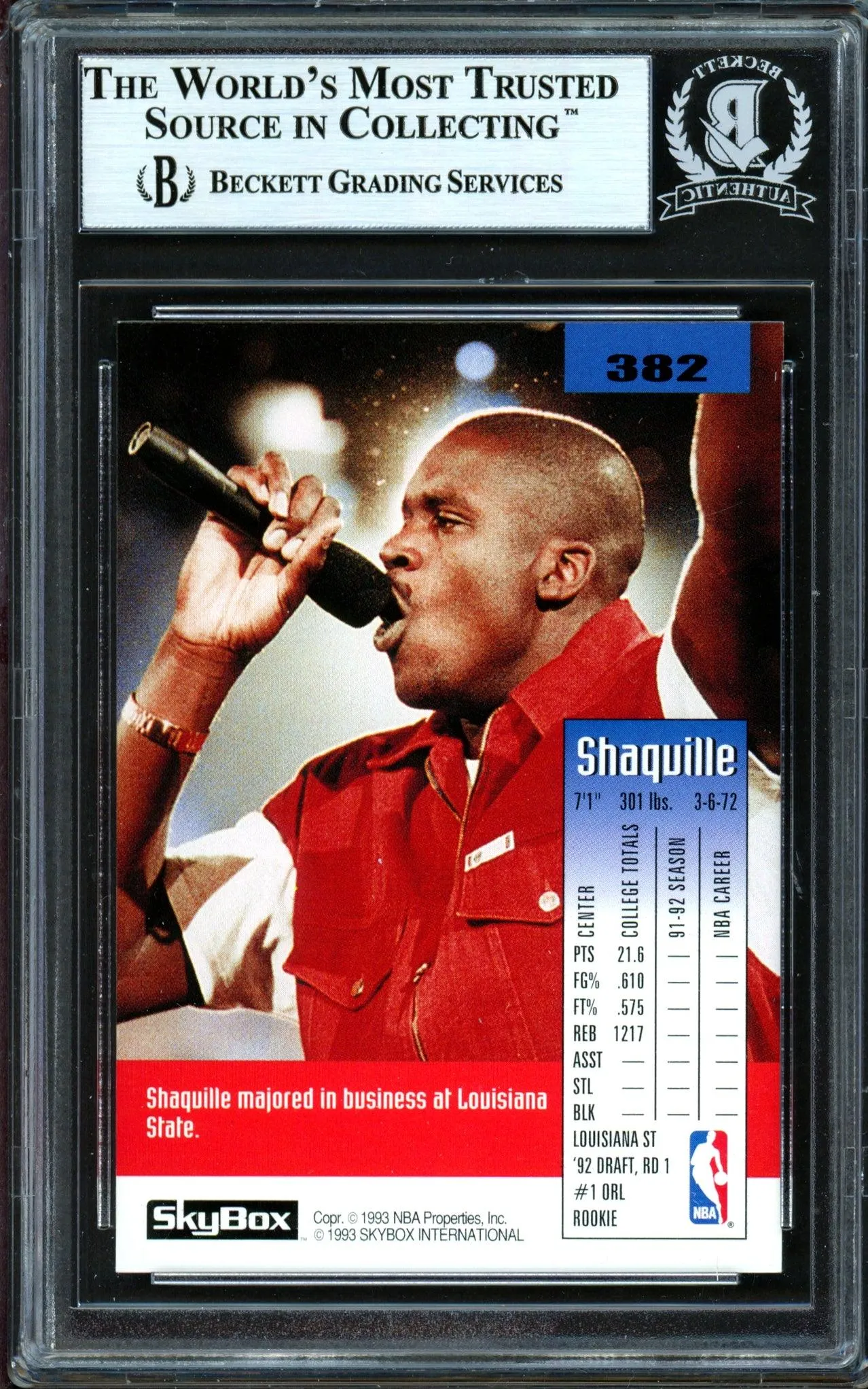 Shaquille Shaq O'Neal Autographed 1992-93 Skybox Rookie Card #382 Orlando Magic Beckett BAS #13446801