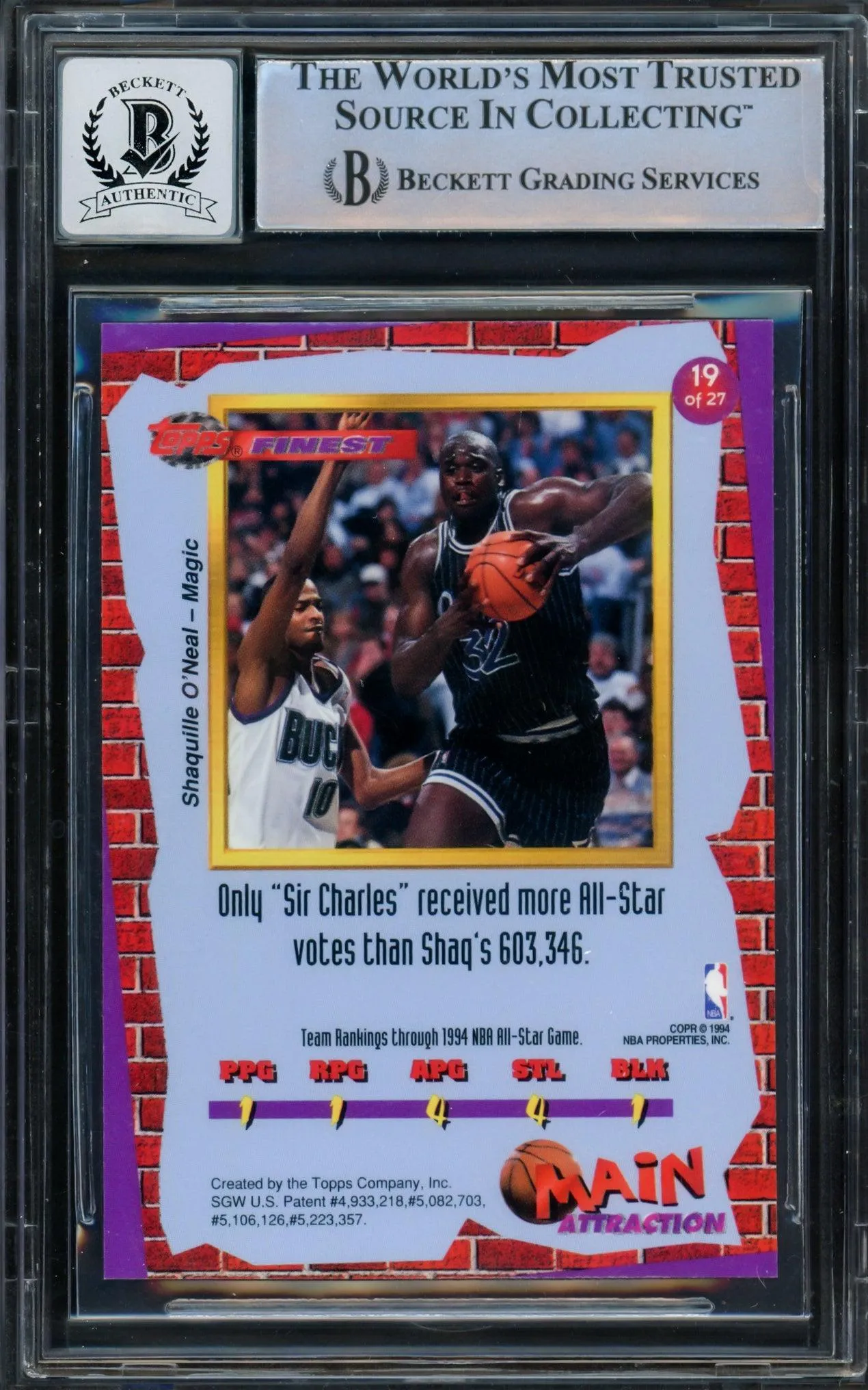 Shaquille Shaq O'Neal Autographed 1993-94 Topps Finest Main Attraction Card #19 Orlando Magic Auto Grade Gem Mint 10 Beckett BAS #14392518