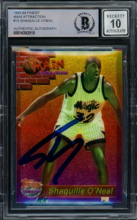 Shaquille Shaq O'Neal Autographed 1993-94 Topps Finest Main Attraction Card #19 Orlando Magic Auto Grade Gem Mint 10 Beckett BAS #14392518