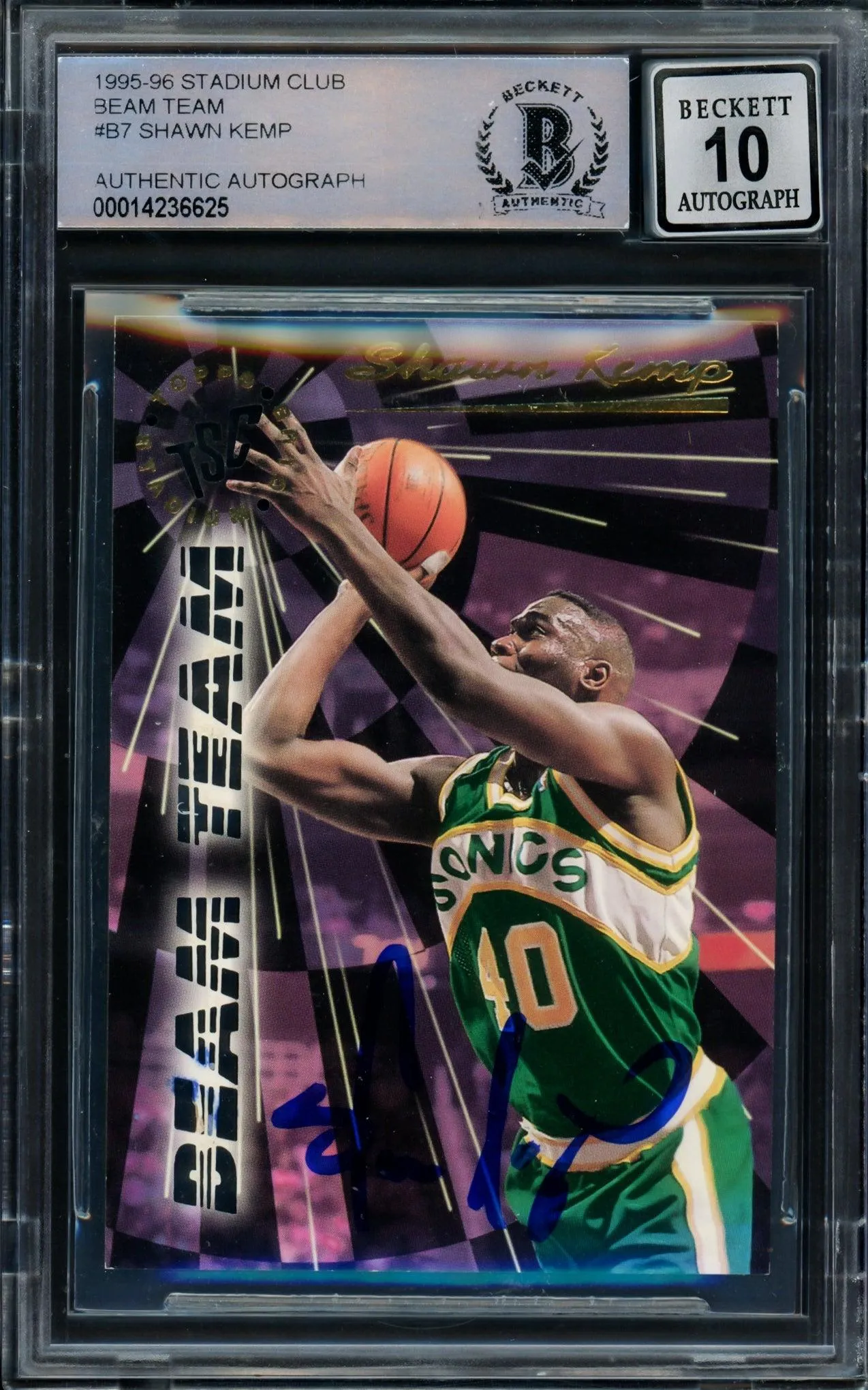 Shawn Kemp Autographed 1995 Topps Stadium Club Beam Team Card #BT7 Seattle Super Sonics Auto Grade Gem Mint 10 Beckett BAS #14236625