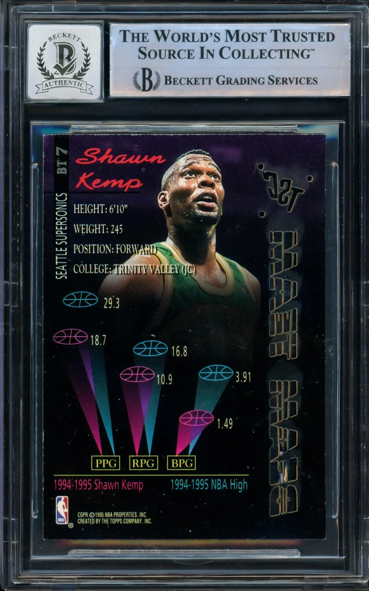 Shawn Kemp Autographed 1995 Topps Stadium Club Beam Team Card #BT7 Seattle Super Sonics Auto Grade Gem Mint 10 Beckett BAS #14236625