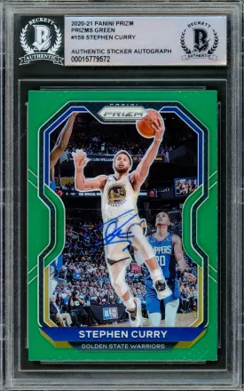 Stephen Curry Autographed 2020-21 Panini Prizm Green Prizms Card #159 Golden State Warriors Beckett BAS Stock #216856