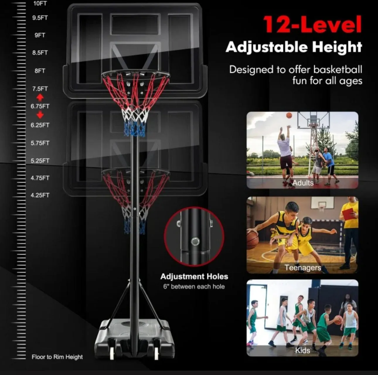 Super Cool Adjustable 12 Levels Basketball Net Hoop Set With 44” Backboard | 4-10 Feet | Wheels | 18” Rim | 2 Nets | Heavy-duty | Indoor | Outdoor