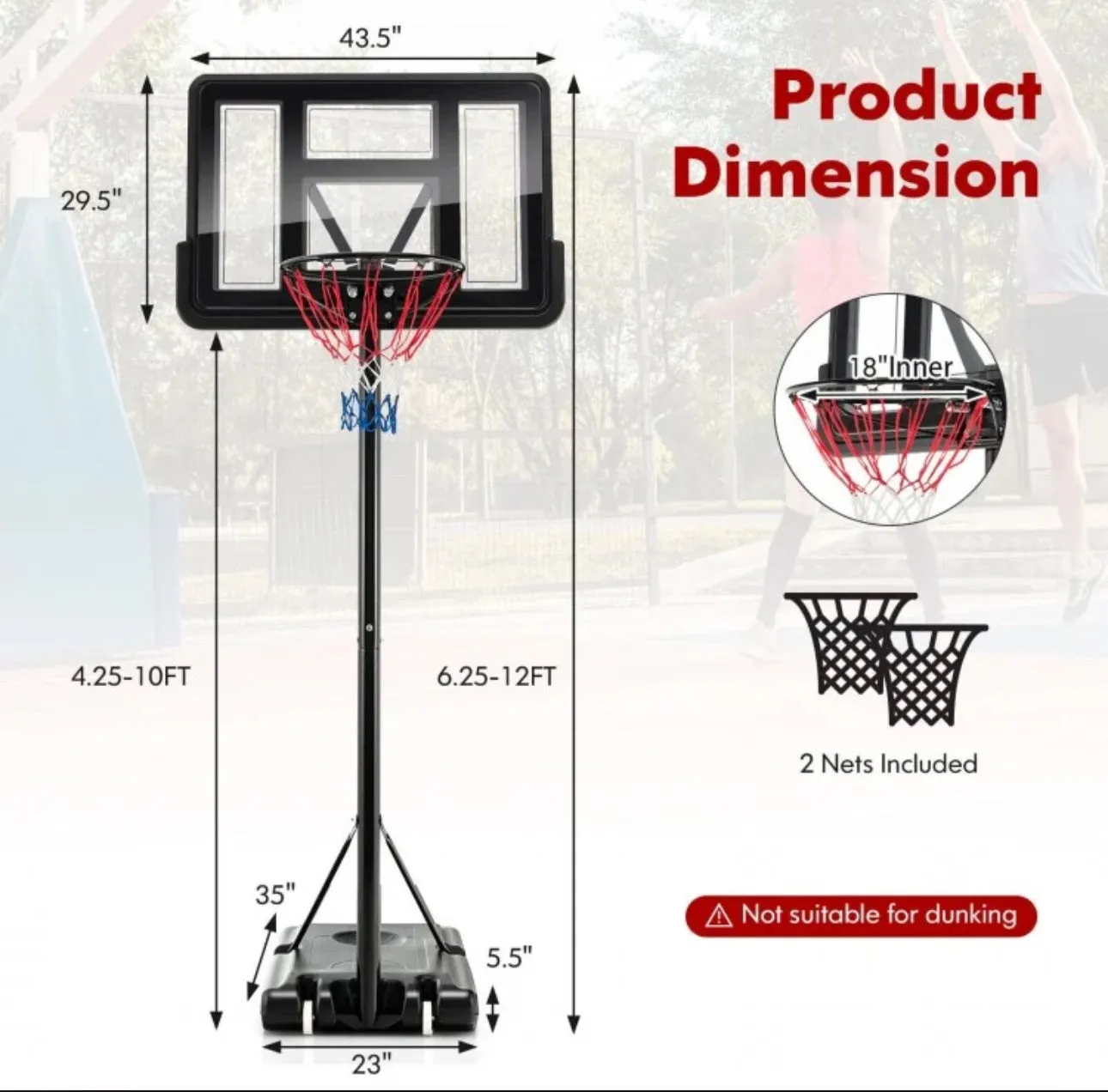 Super Cool Adjustable 12 Levels Basketball Net Hoop Set With 44” Backboard | 4-10 Feet | Wheels | 18” Rim | 2 Nets | Heavy-duty | Indoor | Outdoor